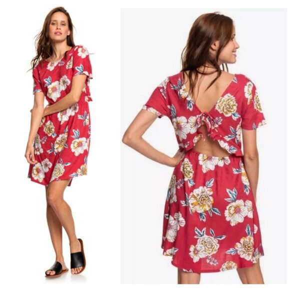 Roxy Dress Hello Cilento Short Sleeve Mini Back Cut-Out Boho Women's Size M - Picture 1 of 10